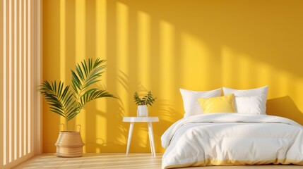 A modern bedroom with a subtle yellow color scheme, designed in a minimalist style with clean lines and uncluttered space. The image offers plenty of copy space for customization.