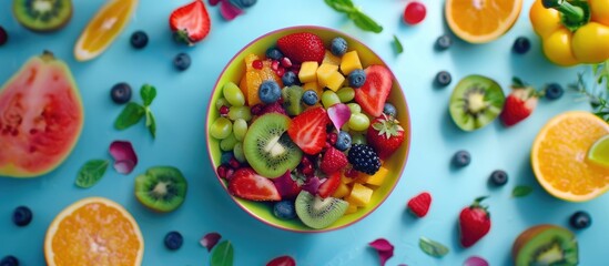 Healthy diet concept portrayed by fresh fruit salad on a vibrant backdrop