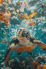 Close-up of a sea turtle swimming through a cloud of floating plastic debris in the ocean,