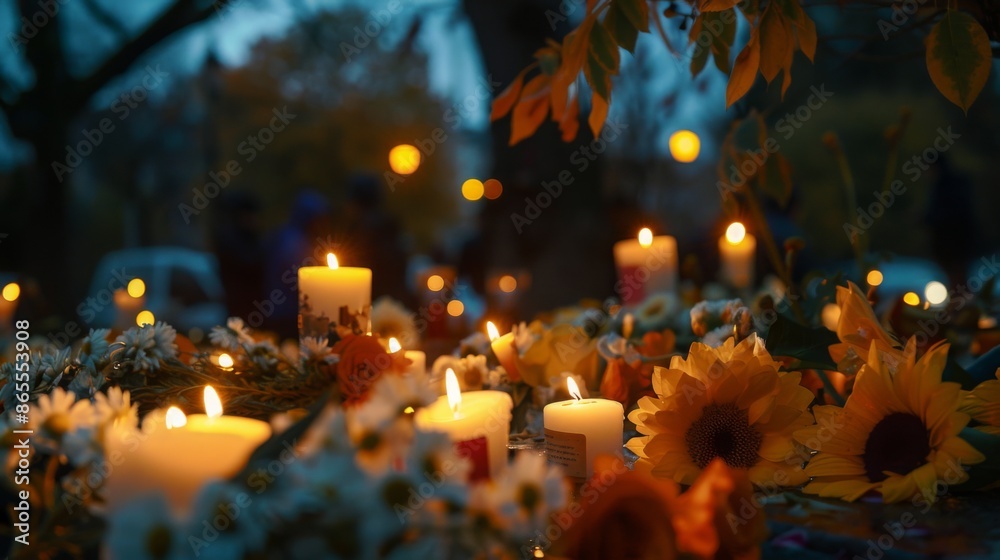 Poster A close-up view of a table adorned with candles and flowers during the evening hours, creating a warm and intimate ambiance.