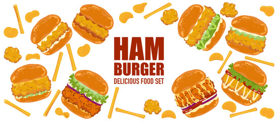 Set of delicious fast food illustrations Hamburger with fried chicken, pickles, lettuce, tomato, bacon, bread. They are isolated on a white background for poster design, food menu, and advertising.