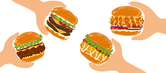 Set of delicious fast food illustrations Happy hamburger party with including beef, pickles, lettuce, tomato, bacon, bun. On a skillet, isolated on a white background for food menu poster design.