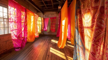 Vibrant swaths of colorful fabric hang from the walls adding a touch of vibrancy and energy to the serene space.