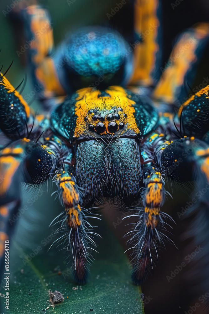 Poster Macro shot of a spider with heterochromatic leg patterns, each leg showing a different color,