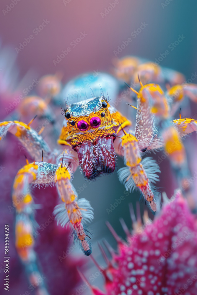 Poster Macro shot of a spider with heterochromatic leg patterns, each leg showing a different color,