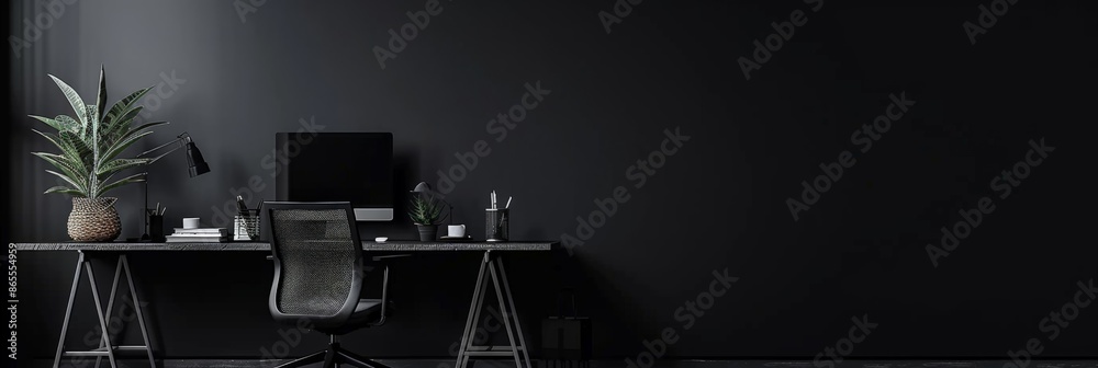 Poster Modern dark office setup with desktop computer and green plant. Sleek and professional workspace. Contemporary and organized work environment