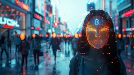 Woman With Face ID in City at Night