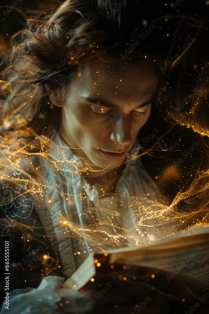 Poster artistic depiction of a composer with a quill and parchment, writing music while ethereal melodies s