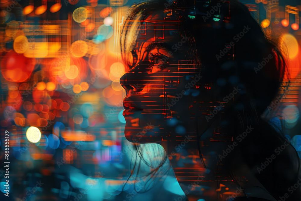 Poster abstract representation of a composer with their thoughts materializing as vibrant, colorful musical