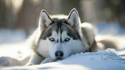 A siberian husky dog is laying in the snow with its head tilted to the side