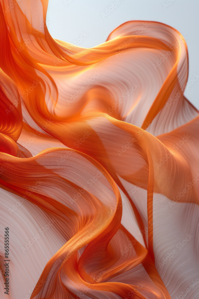 Poster Macro shot of silky fabric with intricate patterns, suspended and flowing beautifully against a white background,