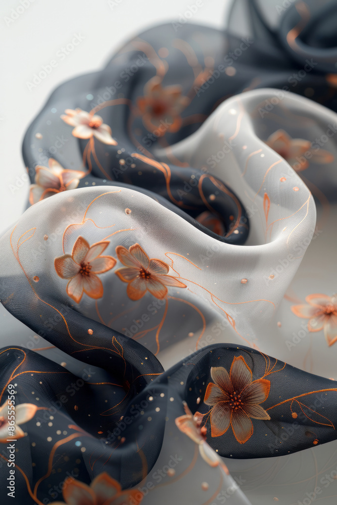 Poster macro shot of silky fabric with intricate patterns, suspended and flowing beautifully against a whit
