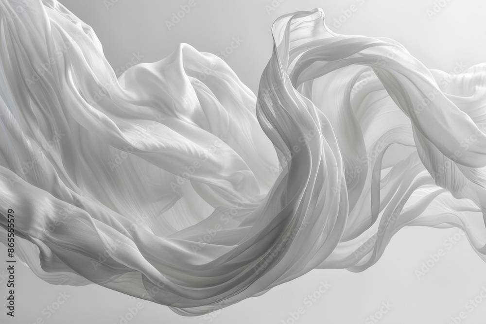 Poster detailed image of soft, flowing fabric creating delicate ripples in mid-air on a clean white backdro