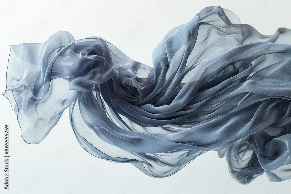 Poster Detailed image of translucent fabric with intricate textures, gracefully floating in mid-air on a white backdrop,