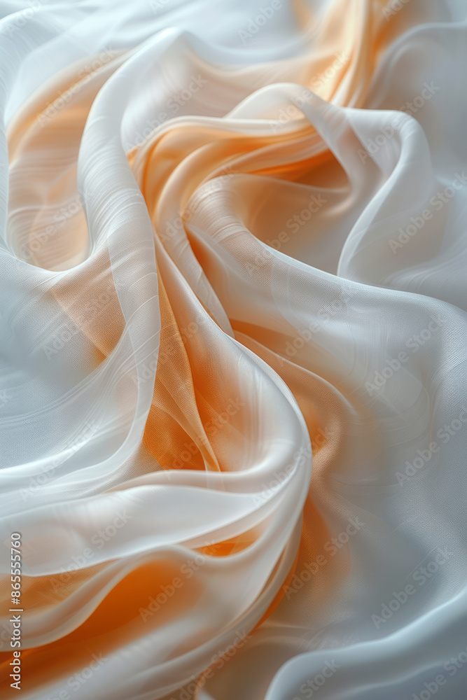 Poster Macro view of smooth, luxurious silk material creating soft, flowing waves in the air, set against a minimalist white background,