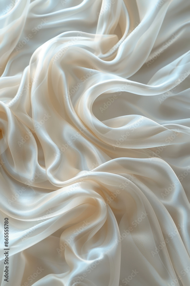 Poster macro view of smooth, luxurious silk material creating soft, flowing waves in the air, set against a