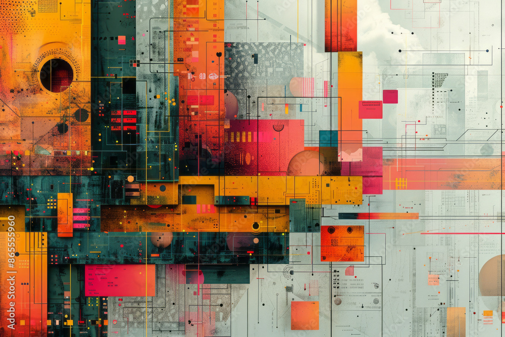 Aufkleber Artistic illustration of an AI algorithm breaking down raw data into understandable insights, using geometric shapes and vibrant colors,