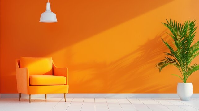 An elegant living room with a dominant orange palette, designed in a minimalist style. The spacious area offers abundant copy space for personalized content.