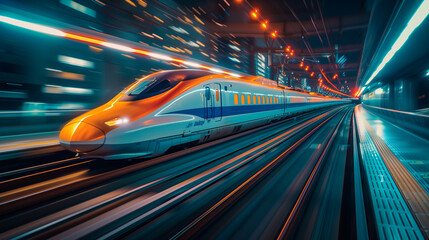 Futuristic Train Speeding Through City at Night