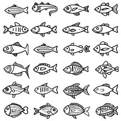 Fototapeta premium fish, sea, vector, fishing, silhouette, animal, illustration, icon, cartoon, nature, water, pattern, food, salmon, ocean, design, marine, art, set, seafood, seamless, shark, car, Seashells svg, Seashe