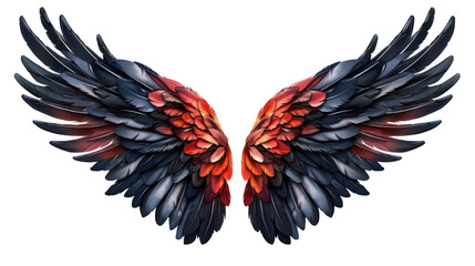 Obraz premium Vibrant and detailed illustration of colorful, mystical wings with a striking blend of red, black, and blue feathers.