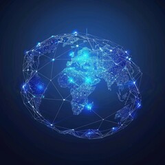 Fototapeta premium Vector. Map of the planet. World map. Global social network. Future. Blue futuristic background with planet Earth. Internet and technology. Floating blue plexus geometric background