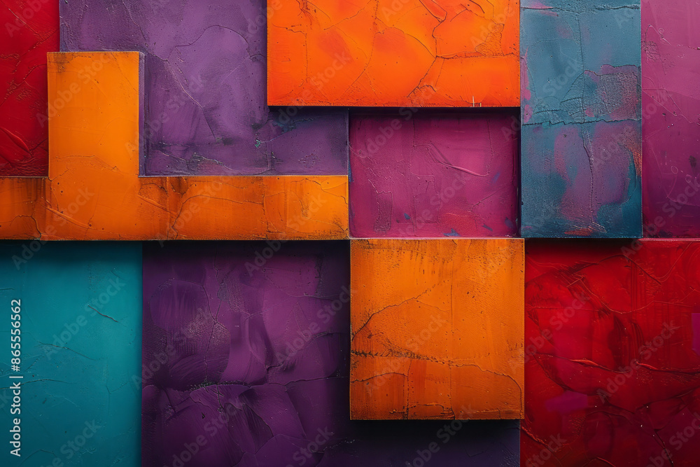 Poster Minimalist geometric design with large, intersecting squares and rectangles in shades of purple, orange, and turquoise,