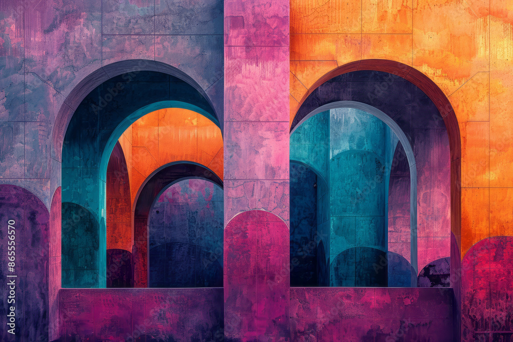 Fototapete Geometric composition with big squares and rectangles forming an abstract pattern, highlighted with purple, orange, and turquoise arches,