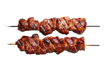 Two delicious skewers of grilled meat on a white background, showcasing succulent, juicy, and perfectly cooked barbecue food.