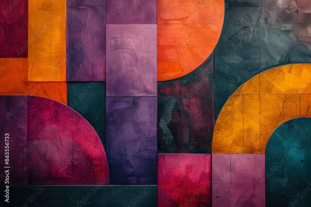 Poster stylish geometric design with bold squares and rectangles, accented by fluid arches in vibrant purpl