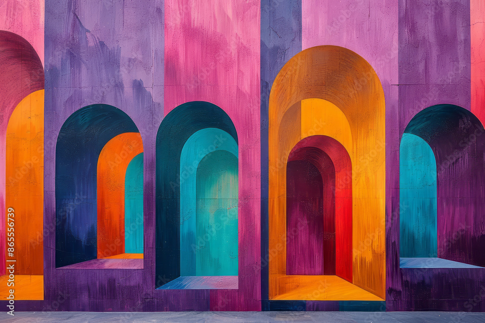 Poster stylish geometric design with bold squares and rectangles, accented by fluid arches in vibrant purpl