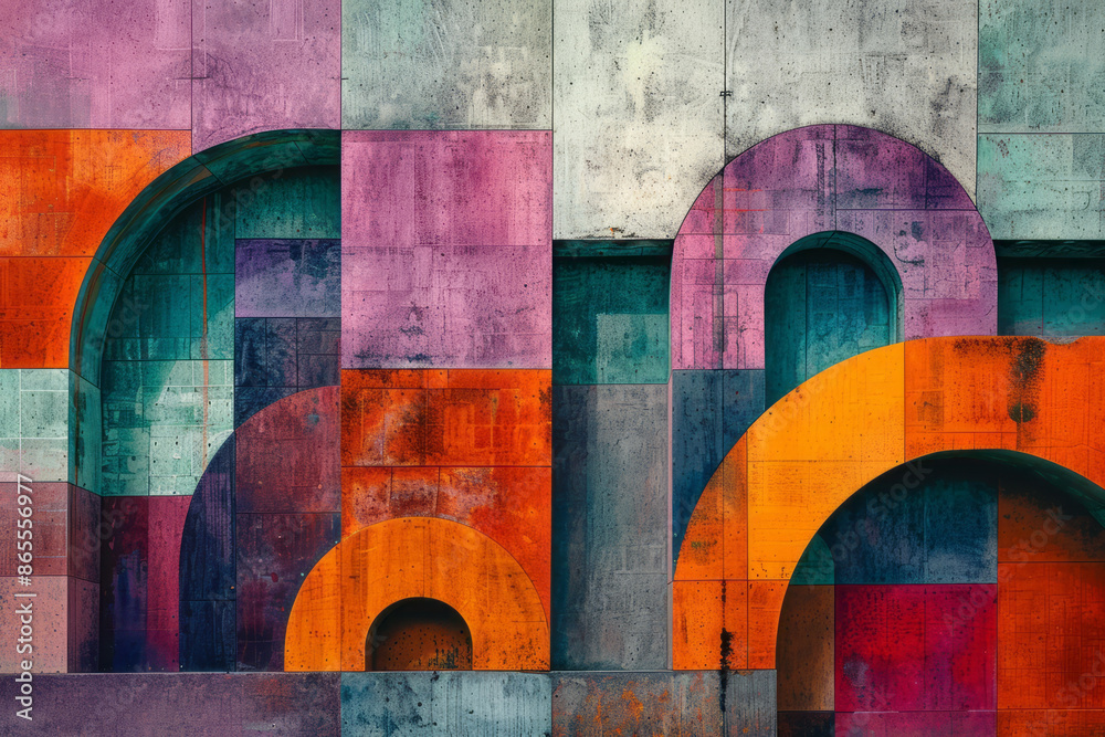 Leinwandbilder artistic geometric pattern with large squares and rectangles, enhanced by dynamic arches in shades o
