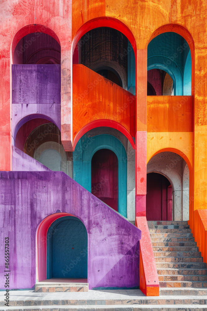 Leinwandbilder bold geometric pattern with large squares and rectangles, punctuated by fluid arches in vibrant purp