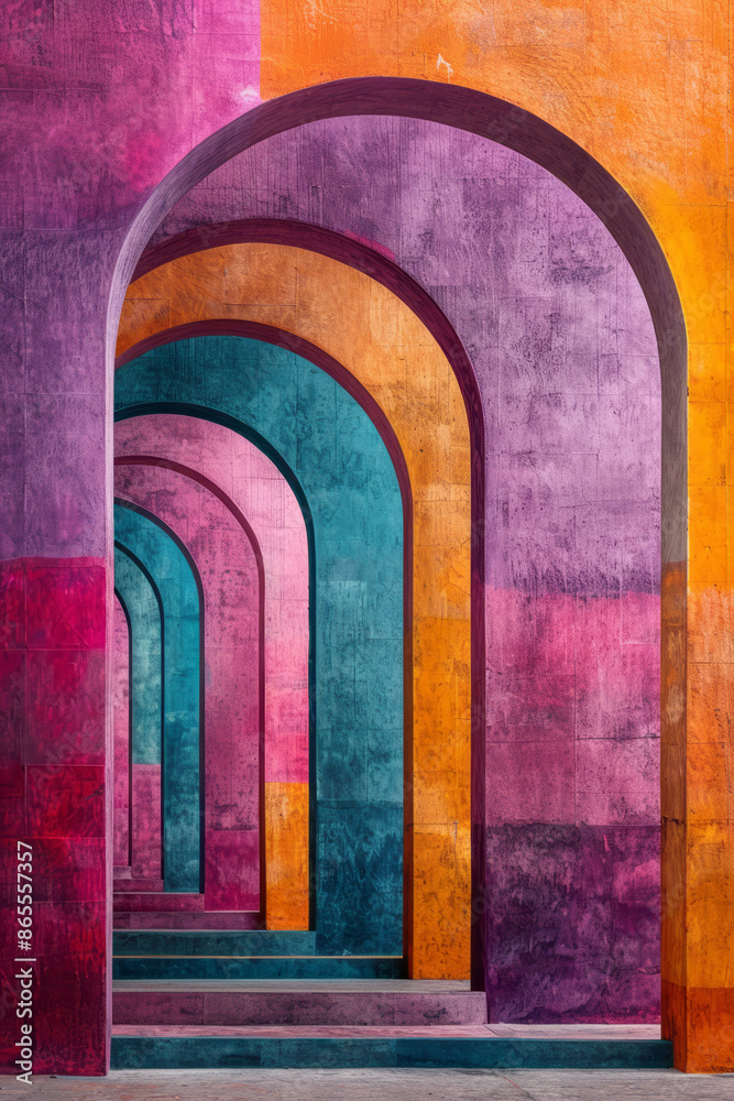 Leinwandbilder bold geometric pattern with large squares and rectangles, punctuated by fluid arches in vibrant purp