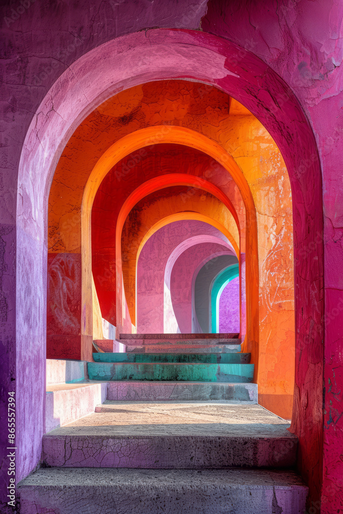 Poster artistic geometric design with big squares and rectangles, intertwined with arches in a color scheme