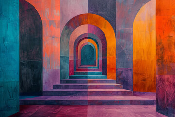 Fototapeta premium Contemporary geometric artwork featuring oversized squares and rectangles with sweeping arches in purple, orange, and turquoise,