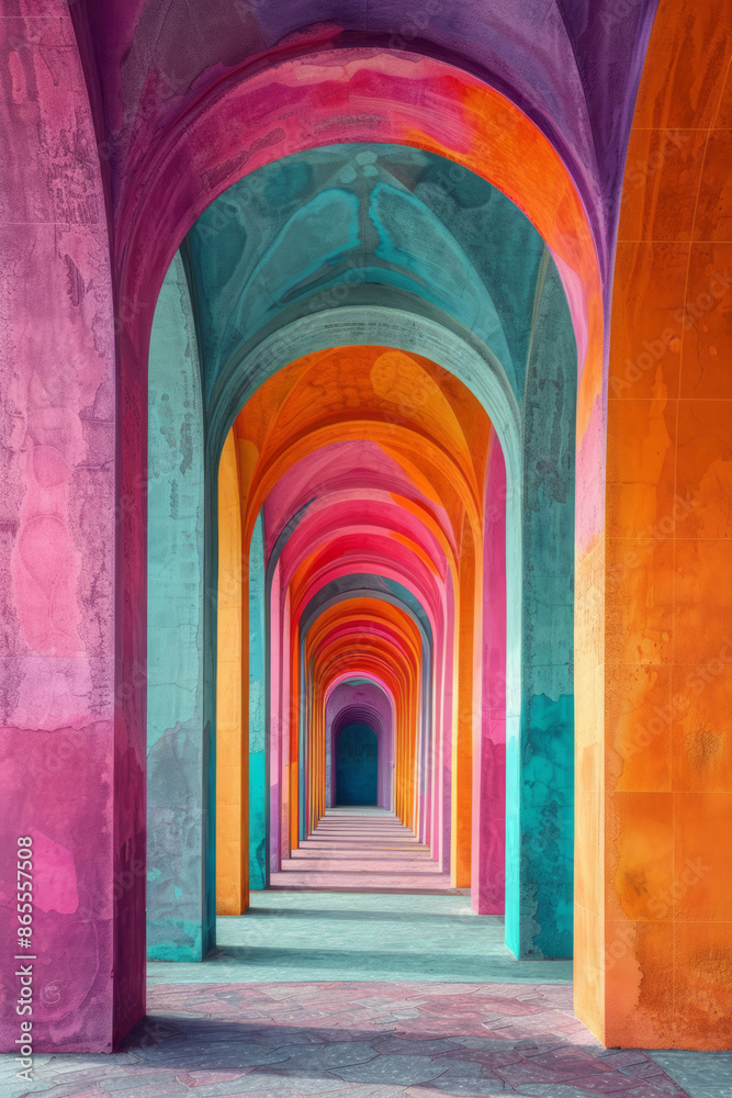 Aufkleber Stylish geometric composition of large squares and rectangles, highlighted by smooth arches in vibrant purple, orange, and turquoise,
