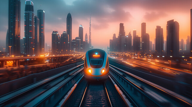 Futuristic Train Traveling Through Dubai Skyline at Sunset