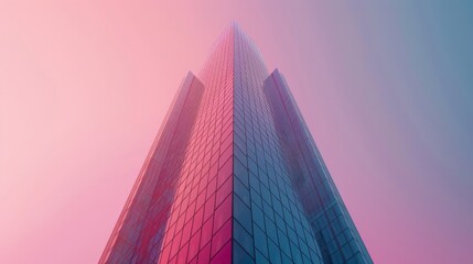 Low angle view of a modern skyscraper with pink and blue hues. Contemporary urban architecture and business growth concept