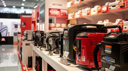 Showroom Display with Multiple Gasoline Generators from Various Brands - Organized and Informative