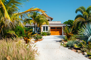 Fototapeta premium Nestled along the palm-fringed shore, the tropical resort hotel presents a serene oasis of luxury amidst azure waters and lush greenery.