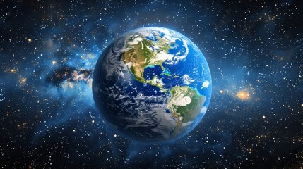 Fototapeta premium Blue earth globe with continent outlines in 3d against starry black space background