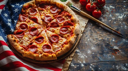 Labor Day celebration with pizza and a paintbrush, American flag on left, right side for copy space for text, plain background for ads
