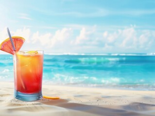 Close-up of a cocktail at Sea Breeze beach. Red grapefruit cocktail on the ocean. Orange cocktail in a glass and a straw in the sand. Helpful alcoholic vacation at the resort for good holiday cheer