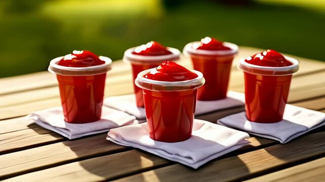  Six red plastic cups with white lids and red ketchup on top arranged on a wooden table
