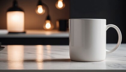 Fototapeta premium A white ceramic mug sits on a surface against a textured background, ready for a hot beverage.