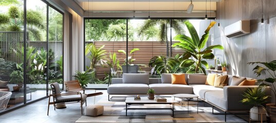 Modern Living Space with Integrated Air Conditioning and Stylish Furniture in a Lush Green Setting