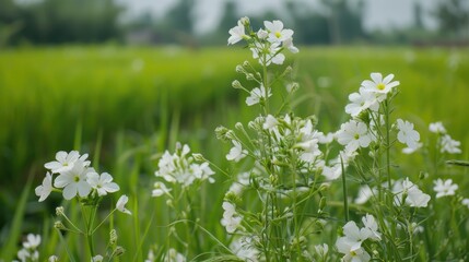 Fototapeta premium White Cardamine occulta blooms in a paddy field