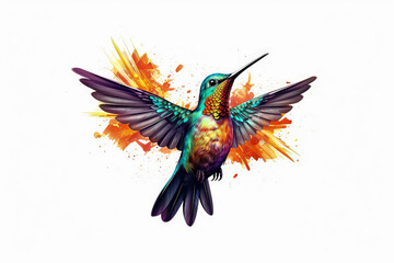 A colorful hummingbird is flying in the air with its wings spread wide