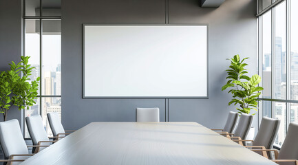 Modern Boardroom with Blank White Screen and City Views